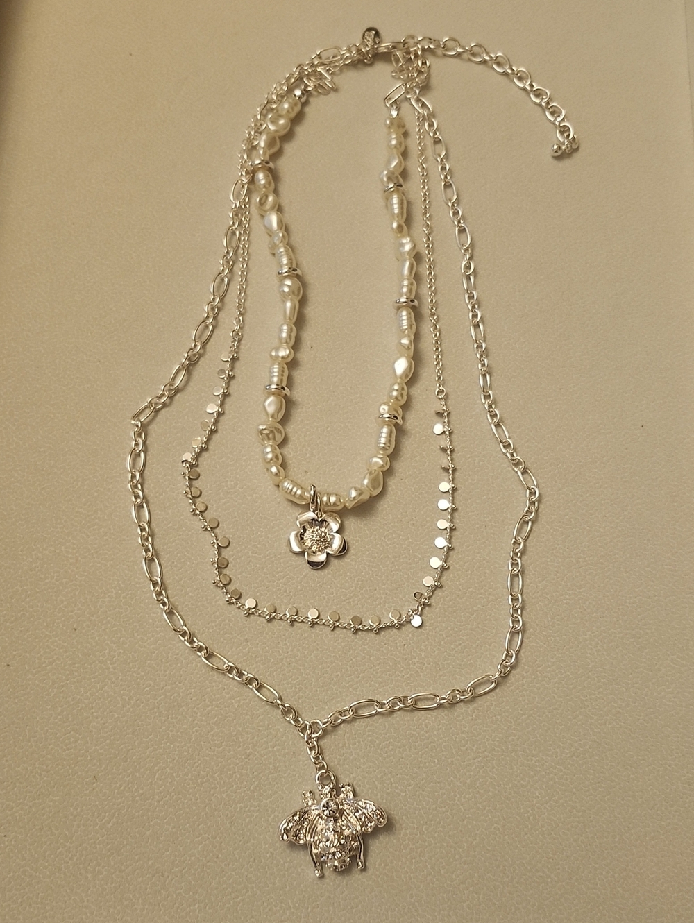 Joan Rivers Pearl and Silver Layered Necklace with Flower and Bee Charms